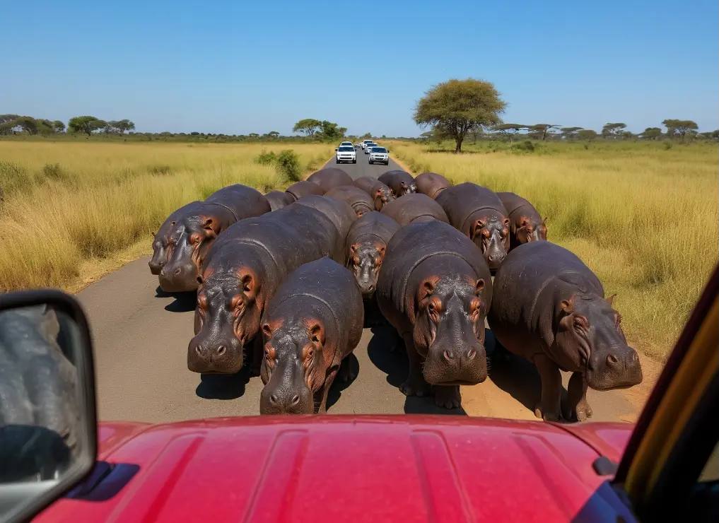 Hippo Herd Blocks Traffic for Hours—What They Were Hiding Is Unbelievable